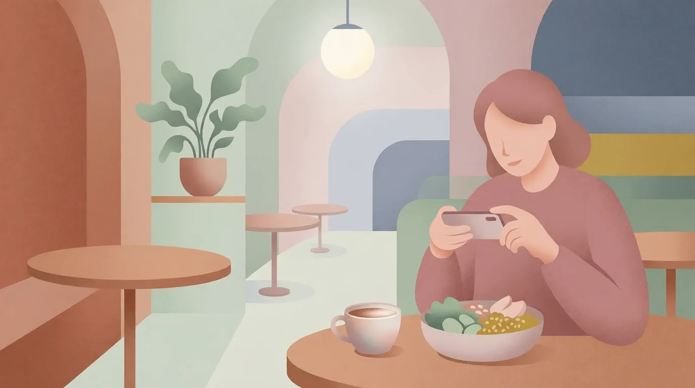 Illustration of a woman photographing her meal with her phone